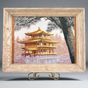Vintage Japanese Silk Tapestry Kinkaku-ji Golden Pavilion Temple Framed Art